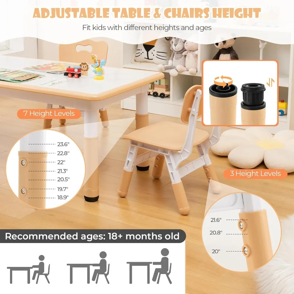 Kids Table and Chair Set, Height Adjustable Children Activity Table and 4 Chairs Set w/Erasable Graffiti Desktop, Todd
