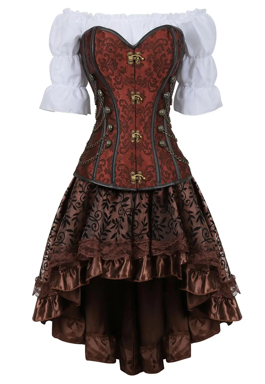 

corset skirt 3 piece leather dress bustiers corset steampunk pirate lingerie corsetto irregular burlesque plus size black brown