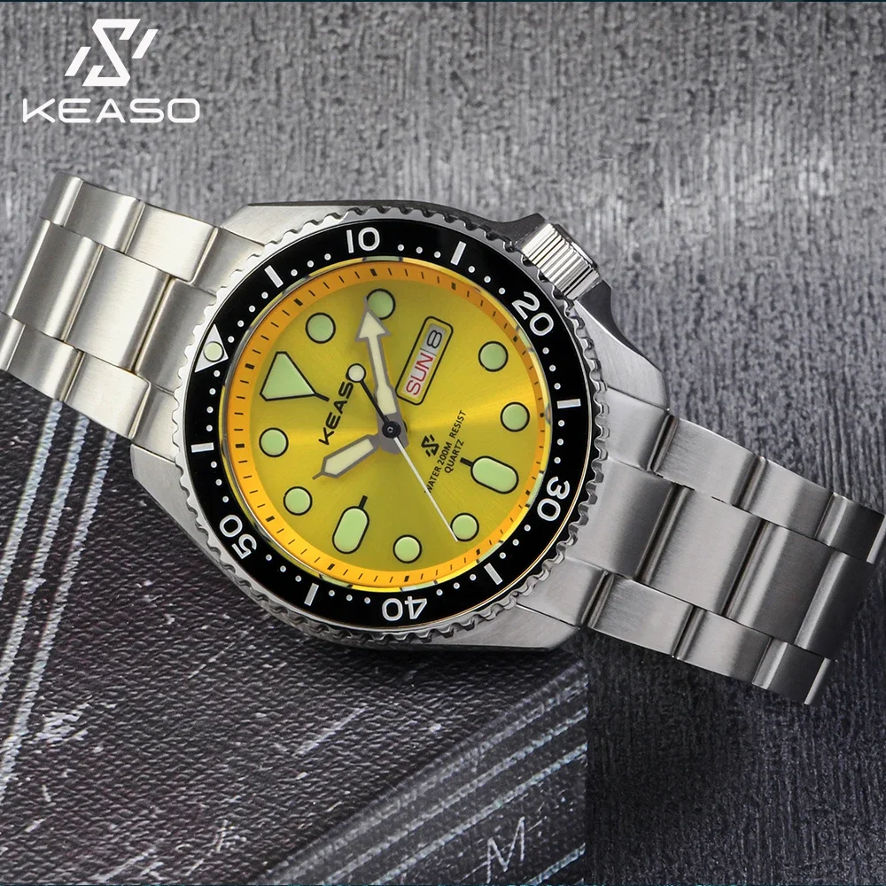 KEASO Brand New Mens Dive Watch MIYOTA 2035 Quartz Movement C3 Super Luminous 316L Solid Steel 200M Waterproof Sapphire Watch