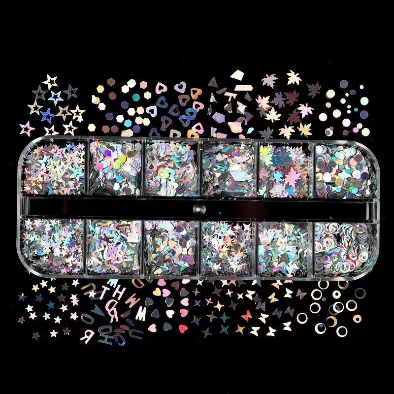 12 Colors Eyelash Decoration Glitter 3D False Lash Art Accessories Fluorescent Nail Sequins Star Slices Alphabet Flower Ornament