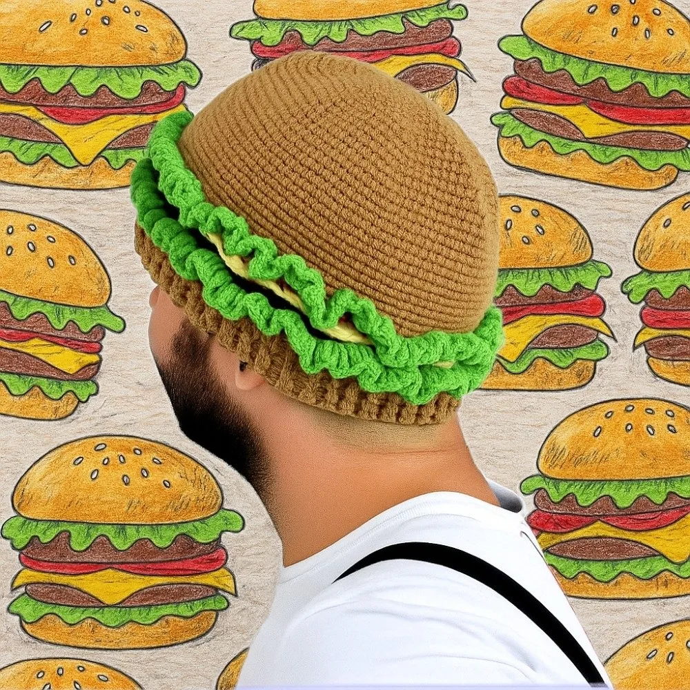 

Windproof Creative Knitted Hamburger Hat Playful Thick Hamburger Pullover Cap Warm Handmade Funny Hamburger Beanie Outdoor