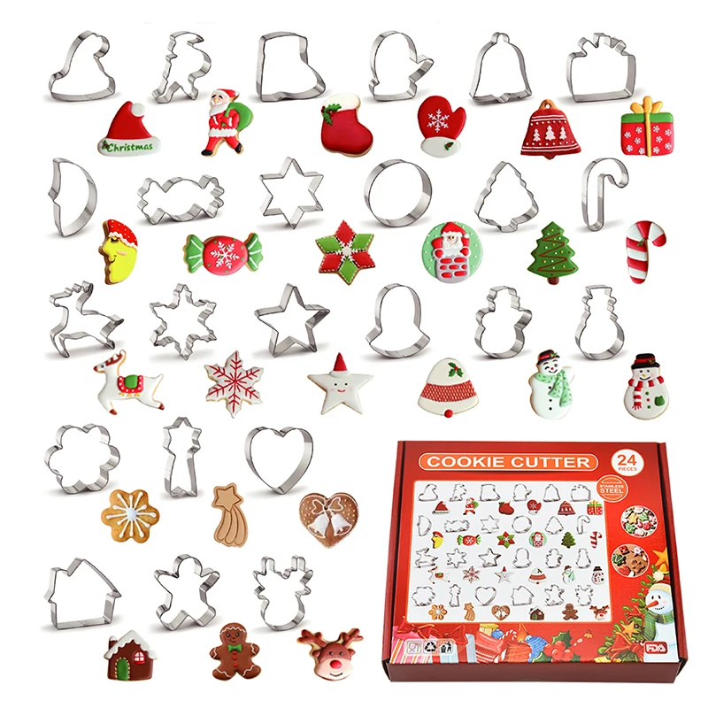 24pc  Cookie Cutter Stainless Steel Cookie Christmas Mold Christmas Tree Gingerbread Man Snowflake Mill Box Baking Accessories