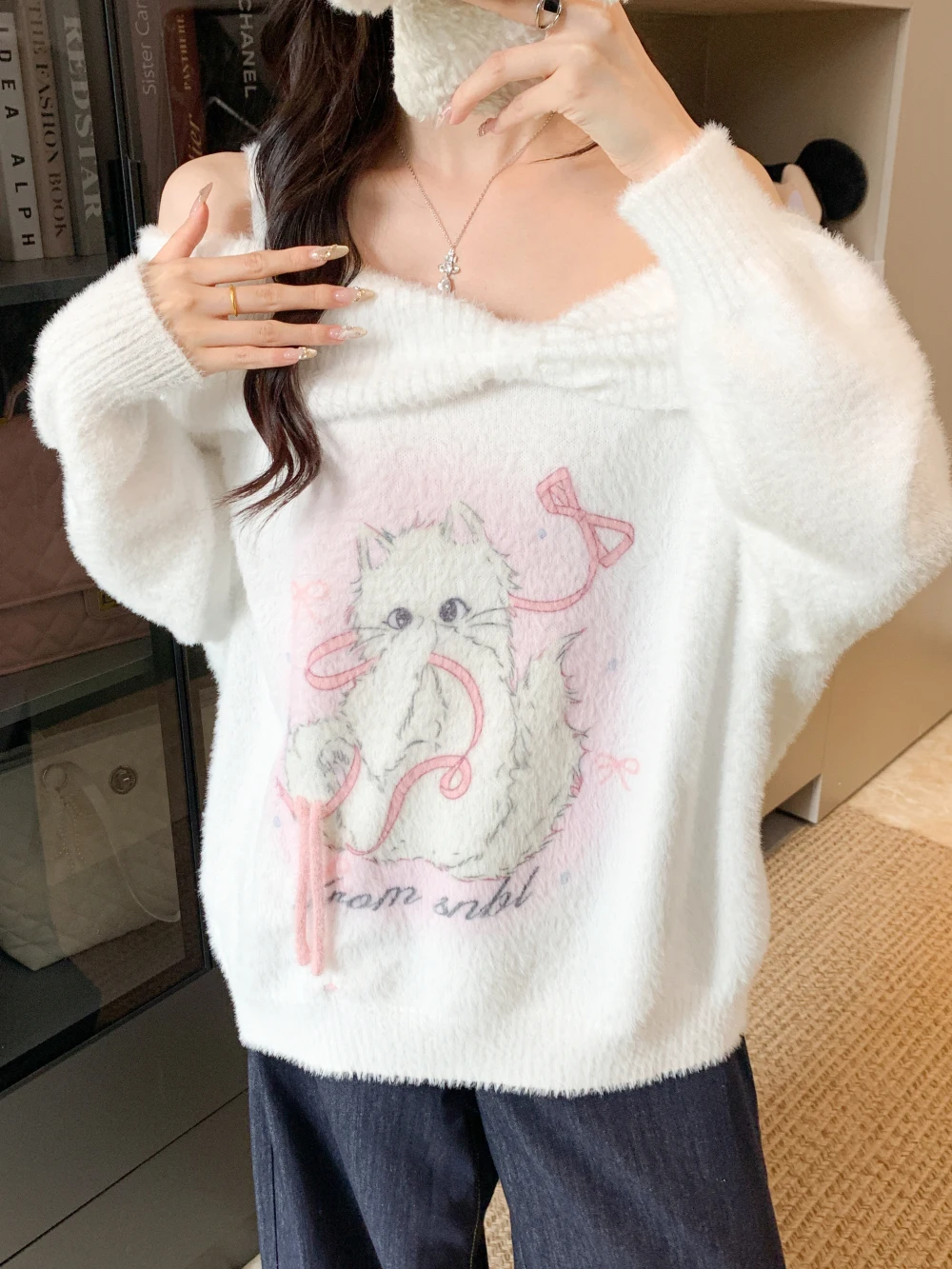 

Sweet Cute Cat-printed Long-sleeved Sweater Women Y2k Harajuku Loose Off-the-shoulder Pullovers Female Kawaii Outwear Jumper
