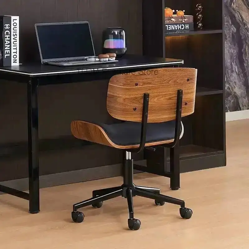Cadeira de Escritório Moderna em Madeira Nogueira, Cadeira Ergonômica Giratória, Cadeira de Couro Retro Estilosa para Móveis de Escritório em Casa