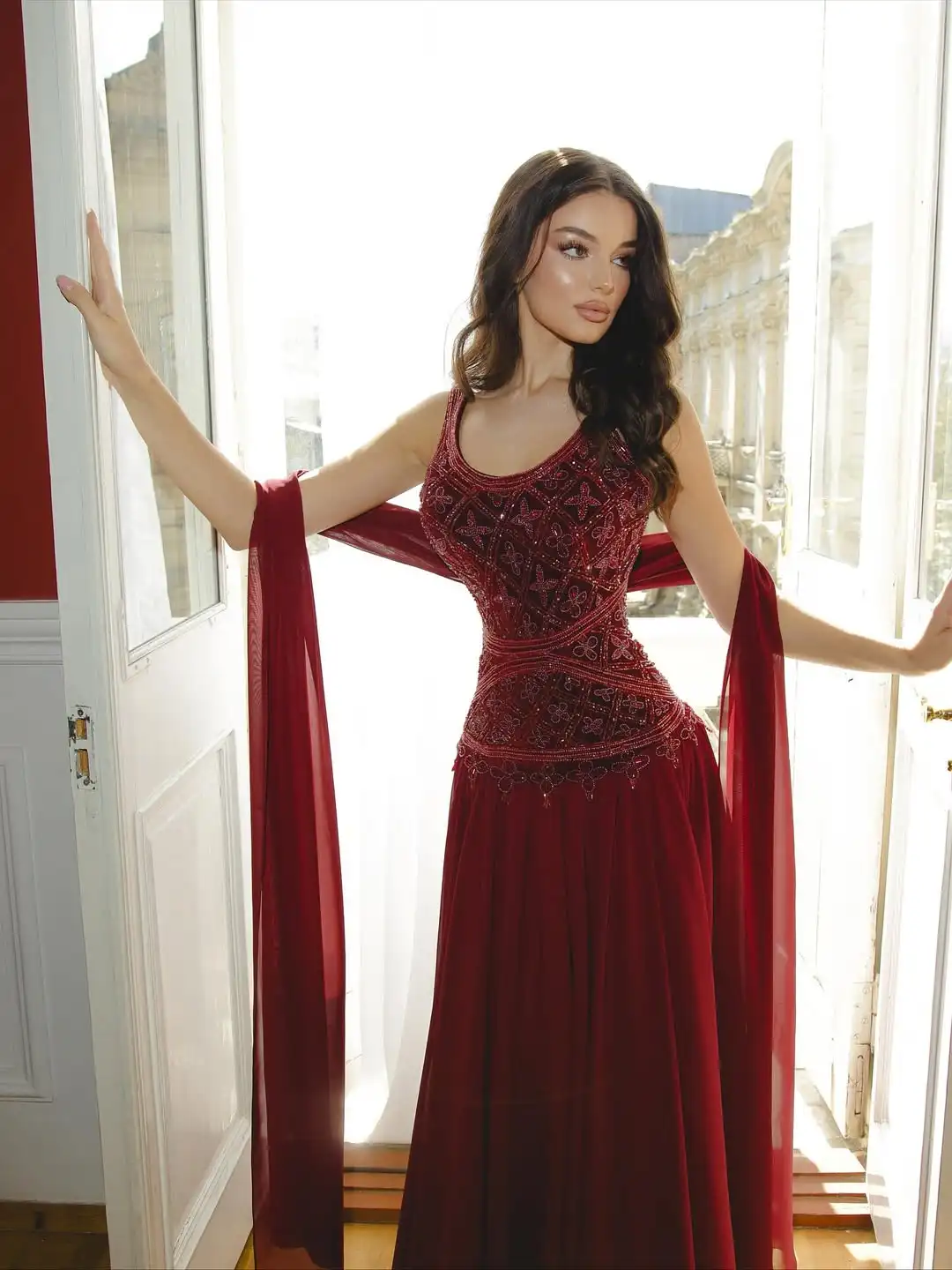 

Ofherown Роскошные вечерние платья с вышивкой бисером и лентой трапециевидной формы без рукавов бордовые шифоновые платья для выпускного вечера Vestidos De Festa