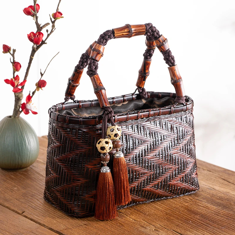 Retro Rattan Bag Hand Woven Bamboo Bag Summer Women\'s Large Capacity Handbag Hanfu Beach Straw Wicker Bags Tea Set Storage Bag