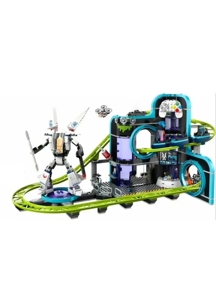 Robot World Roller Coaster Parc d'attractions Bloc de construction créatif Jouet Ornements, Décoration de pièce Modèle d'assemblage Jouet pour enfants