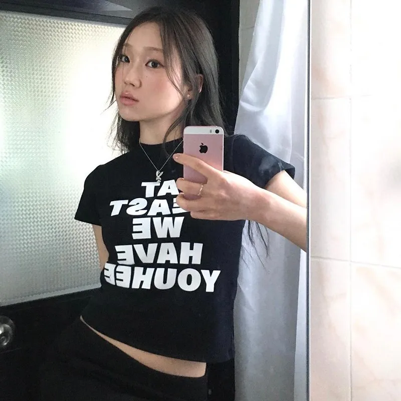 Karrram Grunge Letter Print Crop Top Korean Fashion Y2k Aesthetic Tshirt Kpop Harajuku Short Sleeve Tee Shirt Vintage Streetwear