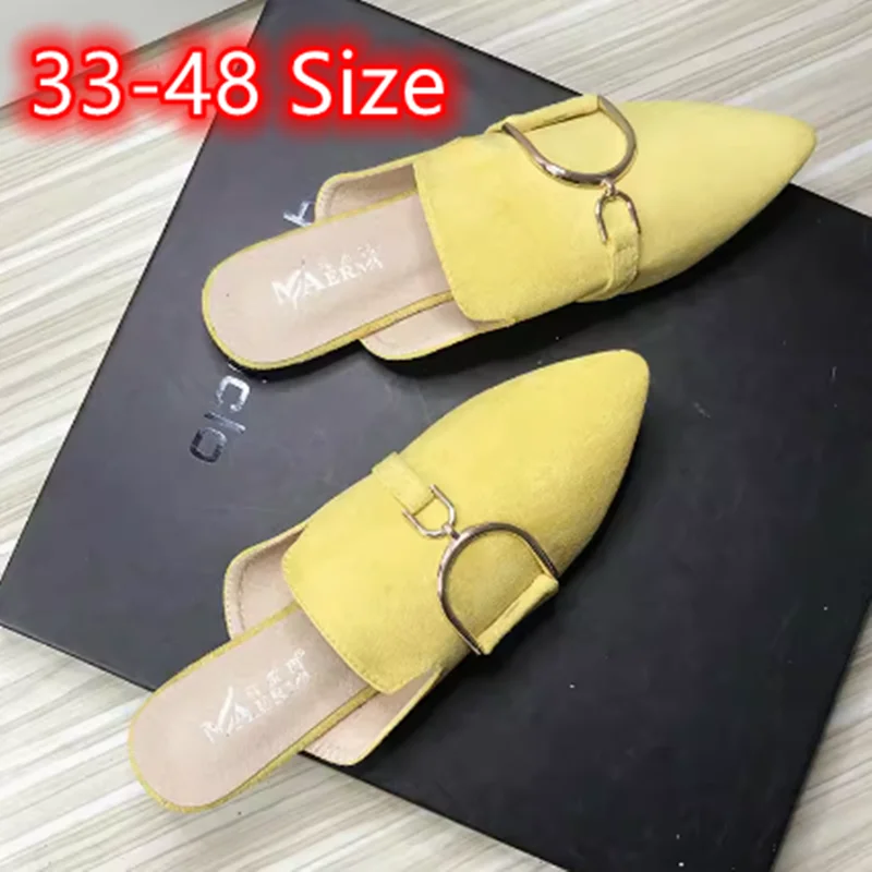 

Мюли женские с металлической пряжкой, летние тапочки из флока, на плоской подошве, с острым носком, желтые, леопардовые, коричневые, 33-48 28 см