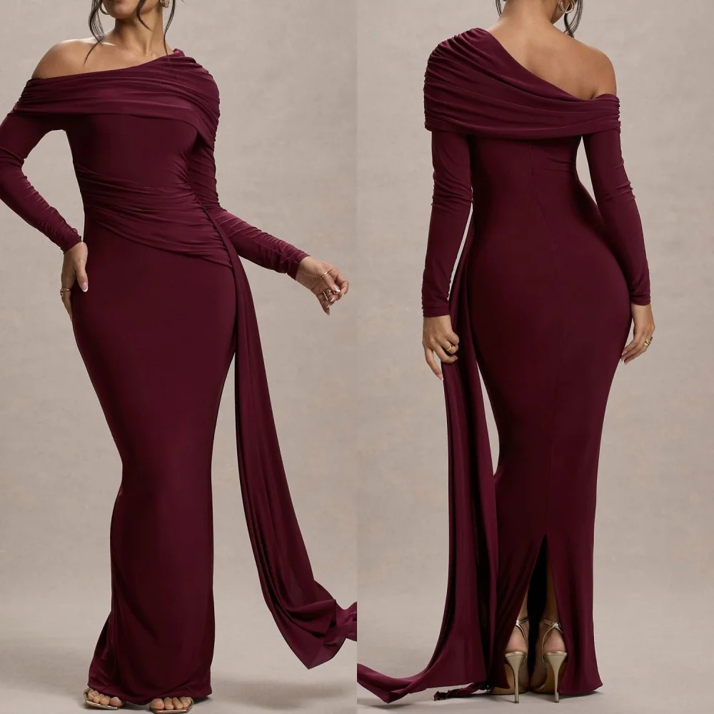 Customized Exquisite Burgundy Jersey Evening Dress Classic Strapless Off the Shoulder Long Sleeves  Mermaid Cocktail Dress