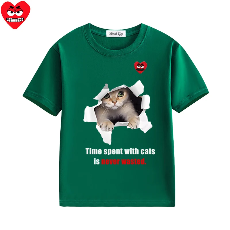 Broken Paper Pet Cat Printing Boy Girl T-shirt Cotton  Snag Heart Embroidery O-neck Short-sleeved Kid Straight Summer T-shirt