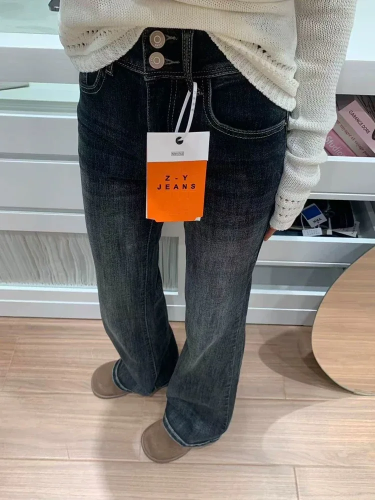 Damskie spodnie dzwony z wysokim stanem, styl Y2K retro, z podwójnymi guzikami, elastyczne, na jesień, uniwersalne, codzienne spodnie z gumką w pasie.