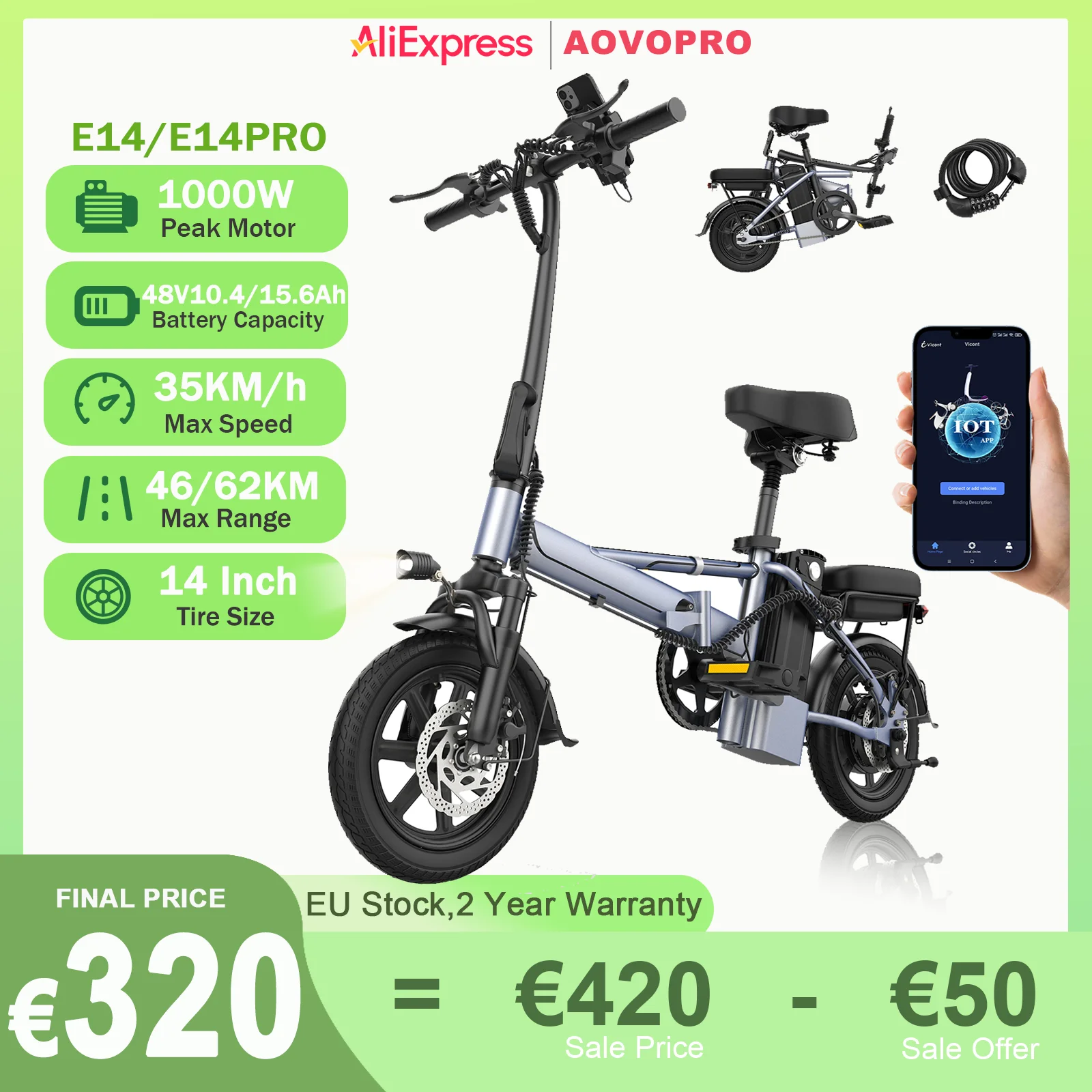 2025 nouveau vélo électrique AOVOPRO E14/E14Pro 1000W moteur de pointe 14 pouces 48V 15.6Ah 62km longue portée 35 km/h pliable avec App EBike