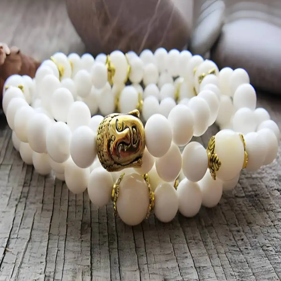 

6mm Tridacna Buddha head Mala Bracelet 108 Beads Gemstone Natural stone tassel Prayer Chakra Japa Sacred Bodhi Bead Tibetan