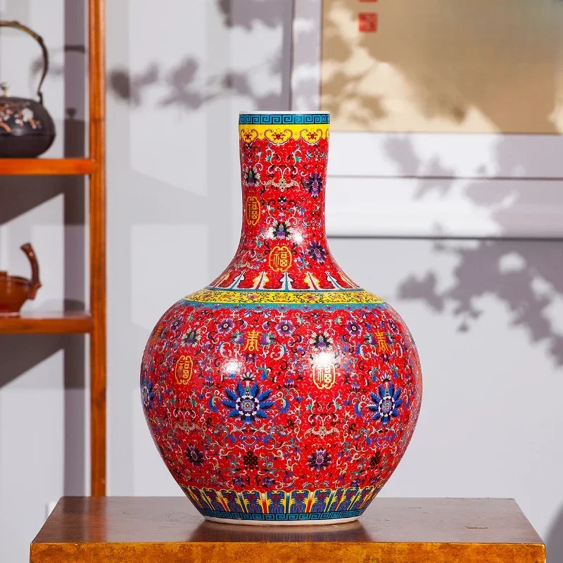 Antique Jingdezhen Ceramic Flower Bottle Enamel Plant Vase Cloisonne Painting Handmade Crafts Living Room Large Decor Ornaments