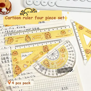4 Stuks Schattige Cartoon Capibara Metrische Liniaal Plastic Liniaal Hoge Verschijning Te Meten Driehoek Liniaal Student Gratractor