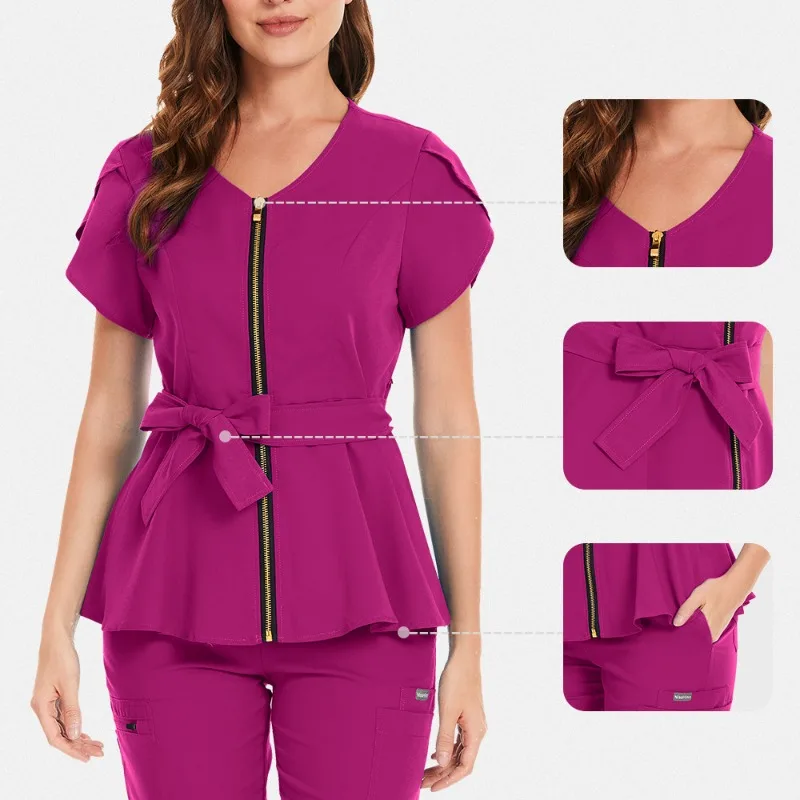 short-sleeve-nurse-scrubs-womens-set-tie-waist-stretch-uniform-hospital