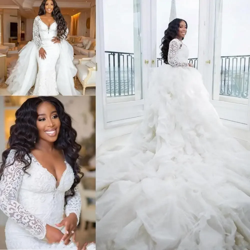 

Customized African Black Girl Mermaid Wedding Dresses Sweetheart Lace Appliques Long Sleeves Detachable Train Plus Size Bridal G