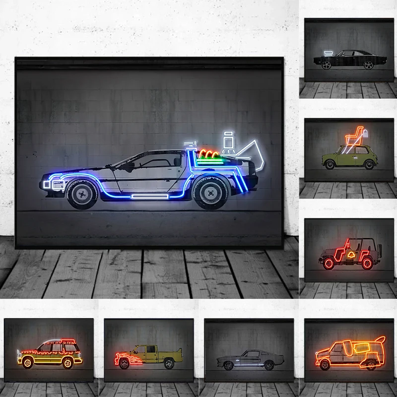 Neon Famous Car Vehicle Posters Prints Graffiti Street Wall Art Back To The Future Cars Canvas Paintings Boy Gifts Rome Decor