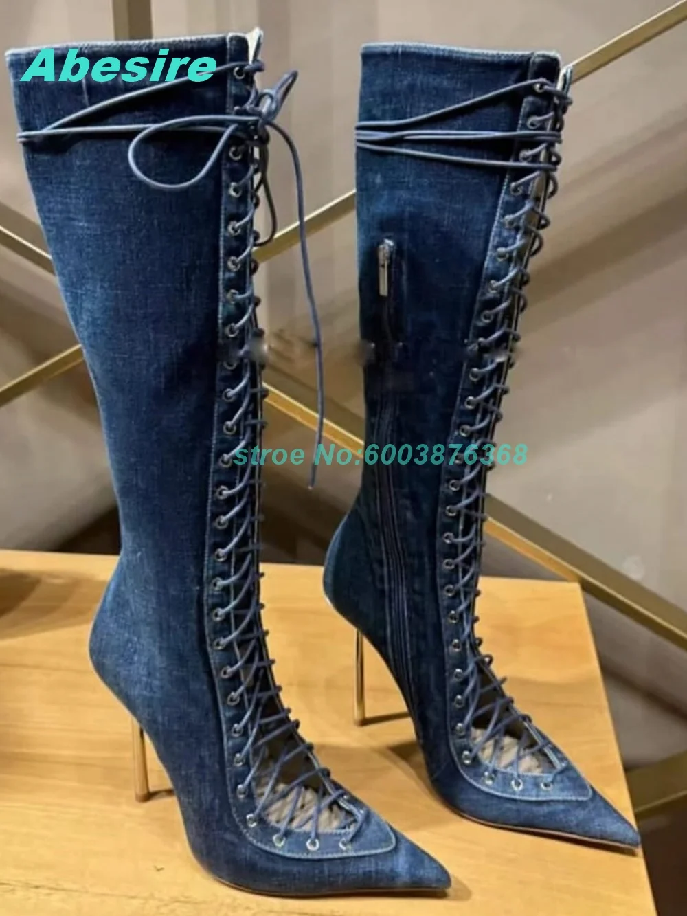 Blue Denim Patchwork Lace-Up Knee High Boots Pointed Toe Metal Thin Heels Shoes for Women Casual Zipper Daily Fashion Shoes New