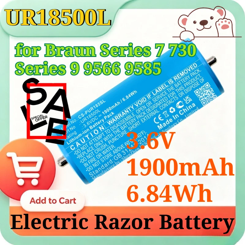 UR18500L 3.6V 1900mAh 6.84Wh Li-ion Replacement Shaver Battery for Braun Series 7 730 Series 9 9566 9585 Electric Razor Battery