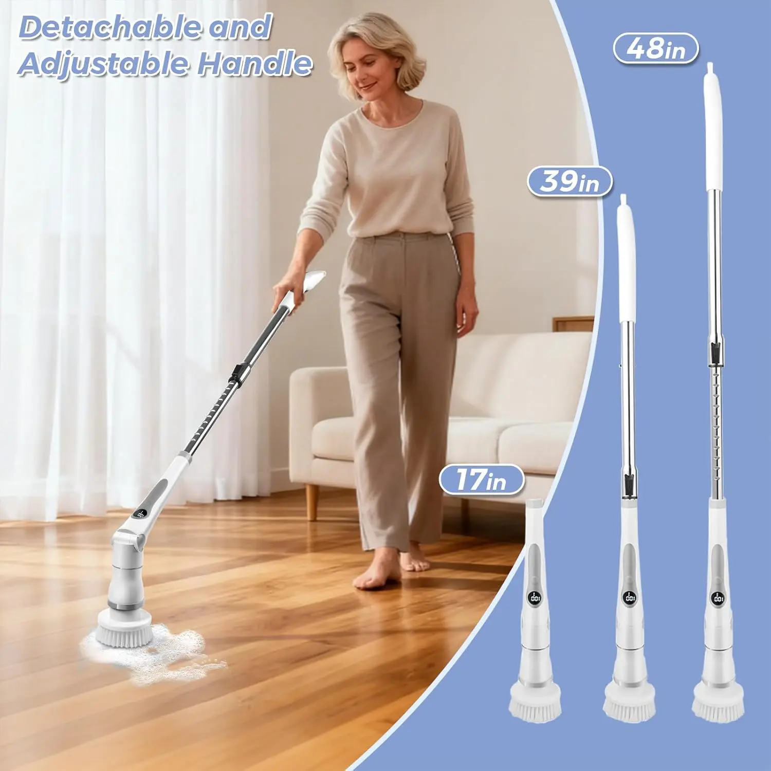 Electric Spin Scrubber, Cordless Cleaning Shower Brush 8 Cleaner Heads LCD Display 3 Speeds Adjustable Extension Handle I
