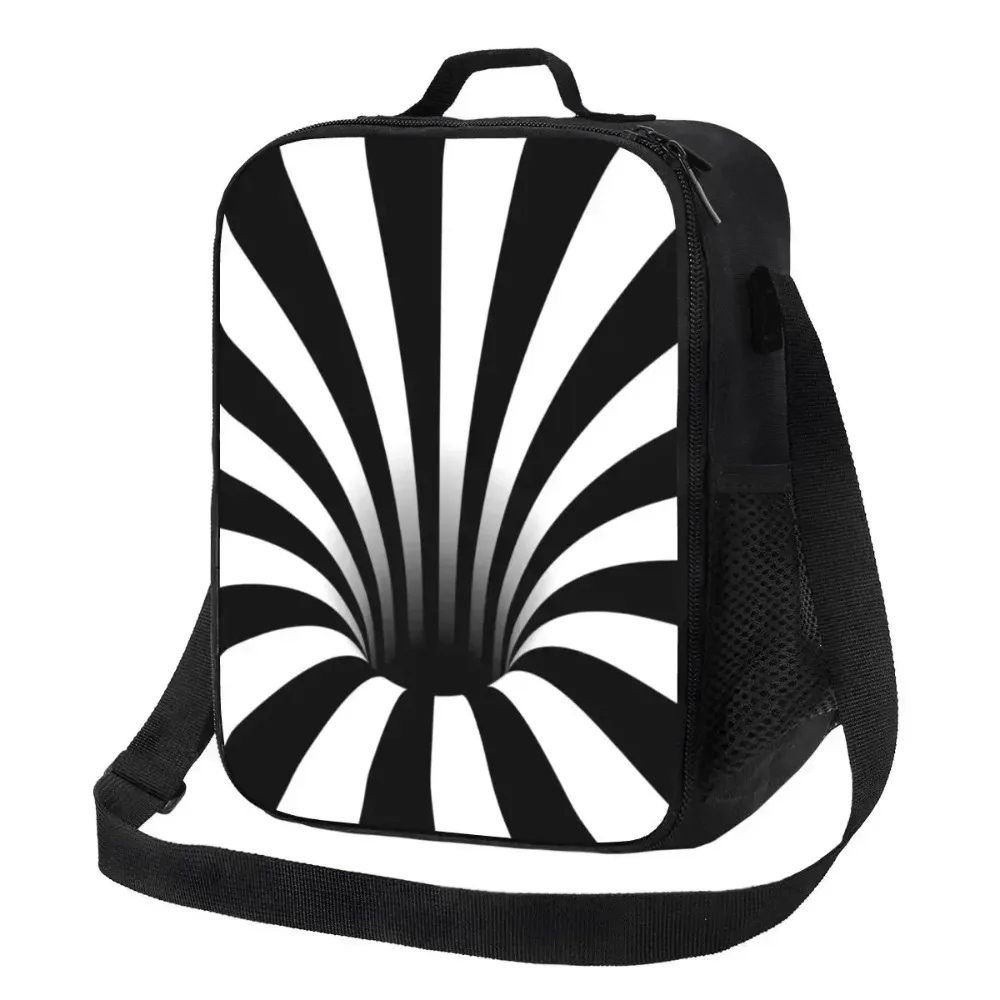 Black Hole Thermal Insulated Lunch Bags Optical Illusion  And White Lines Portable  Tote for