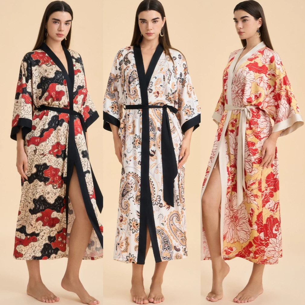 

Print Long Robe Dress V-Neck Women Kimono Bathrobe Gown Elegant Silky Satin Sleepwear Nighgown Loose Homewear Pajama