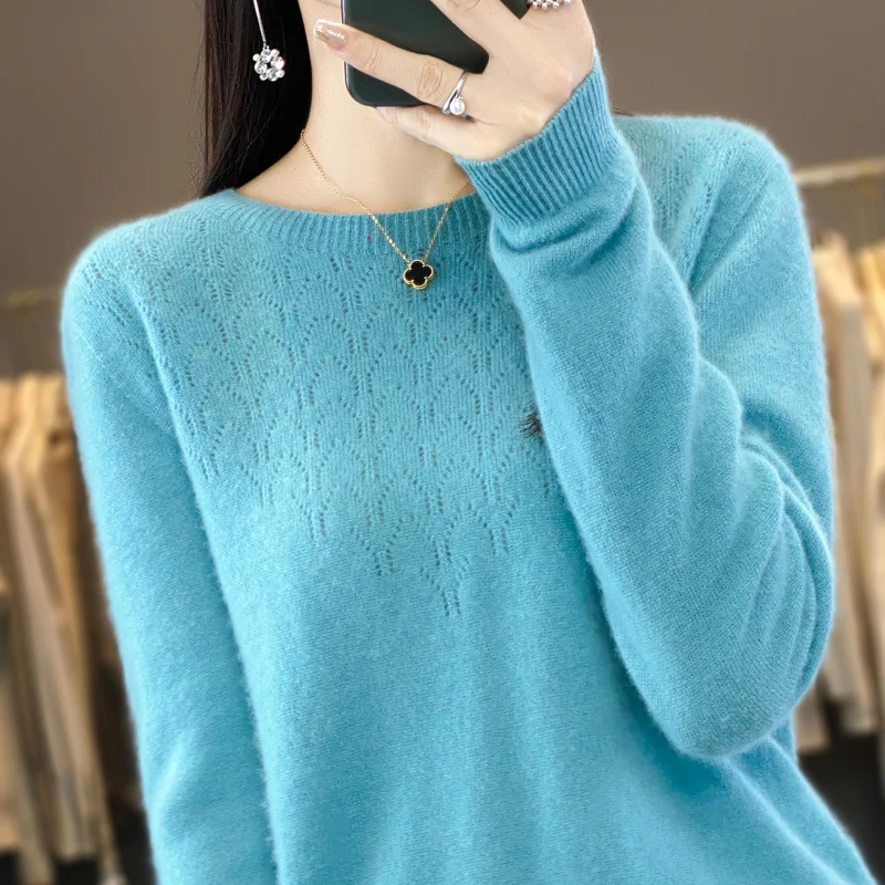 Women\'s pullovers Spring/Autumn new 100% pure wool sweater casual knitted sweater loose hollow bottom Blouse round neck Tops