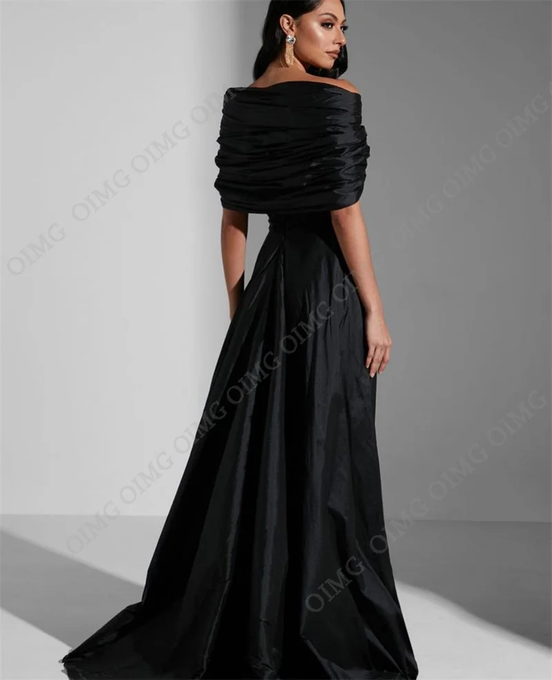 OIMG Black Long A Line Prom Dresses Short Sleevess Prom Gowns Formal Evening Dress Party Dresses Elegant Modest Saudi Arabric