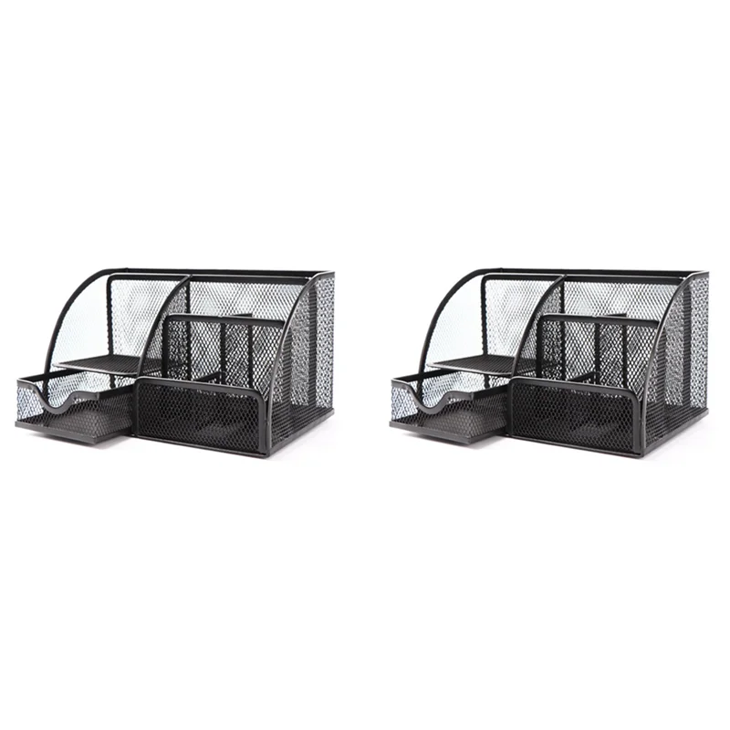 

Mesh Desk Organizer Pen Holder, Accessories Storage Caddy With 6 Compartments, And Drawer Office Supplies Gift (2 PCS)-AT30
