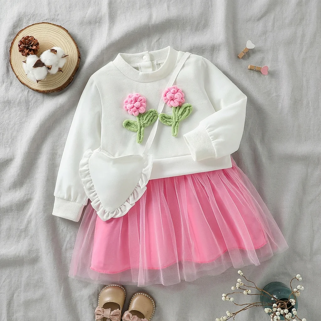 2 stücke Frühling 2025 Baby Mädchen Langarm Herbst Neue Stil 0-3 Jahre Bequeme Süße Und Nette Rundhals Pullover kleid + Tasche