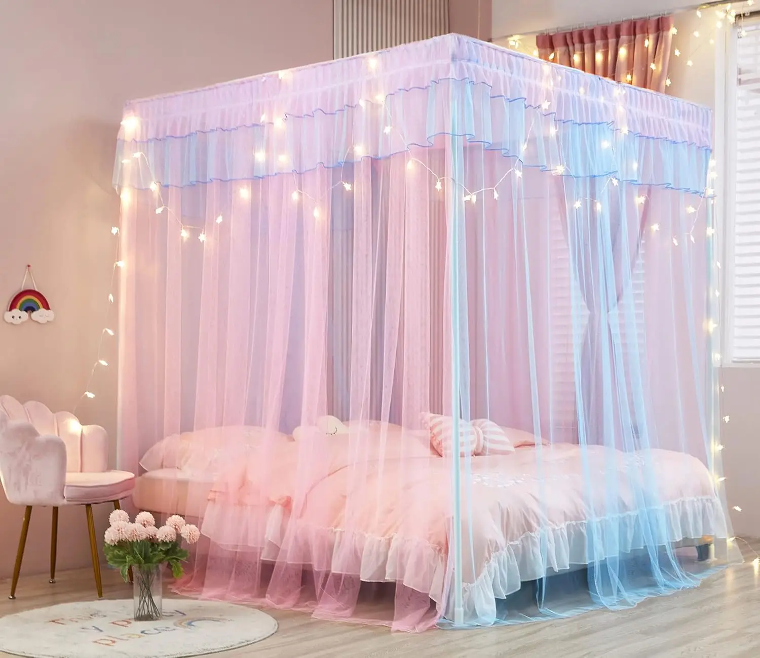 

Rainbow Canopy Bed Curtains with Lights - Princess Bed Canopy for Girls - Bed Drapes Netting- Bedroom Decoration Accessories,New