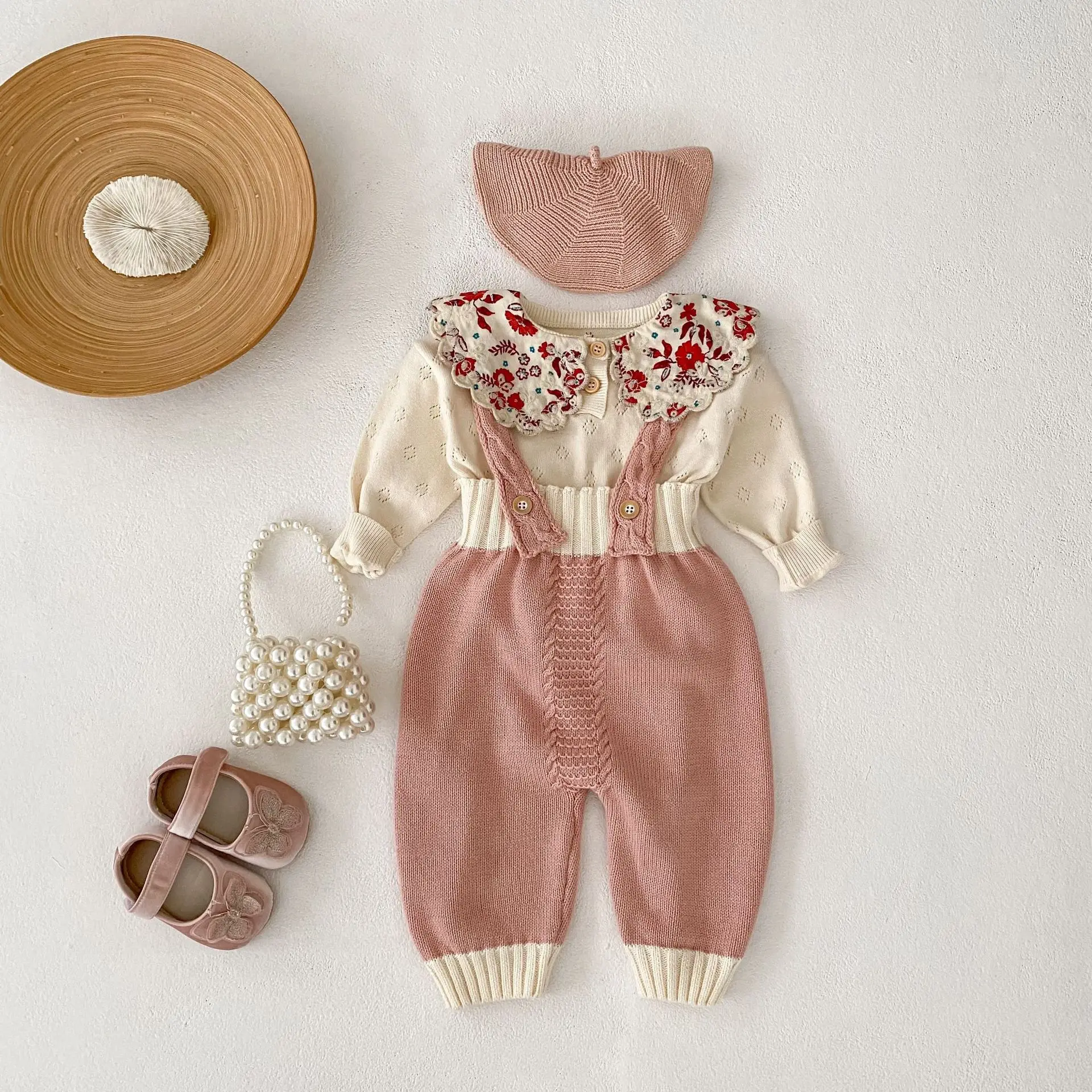 Cute and Sweet Knit Overalls for Fall Winter Pearl Pink and Apricot Color Blocking Infant and Toddler Girls' Baby Overalls