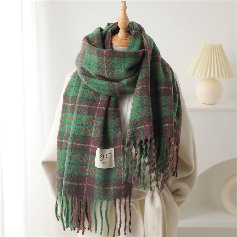 Winter Korean Style Scarf Women Plaid Cashmere Warm Pashmina Blanket Wraps Men Thick Soft Bufanda Tassel Shawl Poncho Echarpe