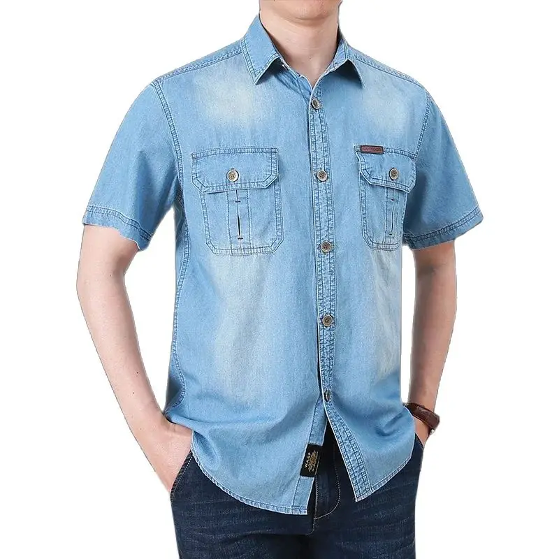 

Men's Sky Blue Slim Fit Shirts Slim Fit Short Sleeve Brand Men Cotton Top Quality Business Men's Shirt Military Shirt