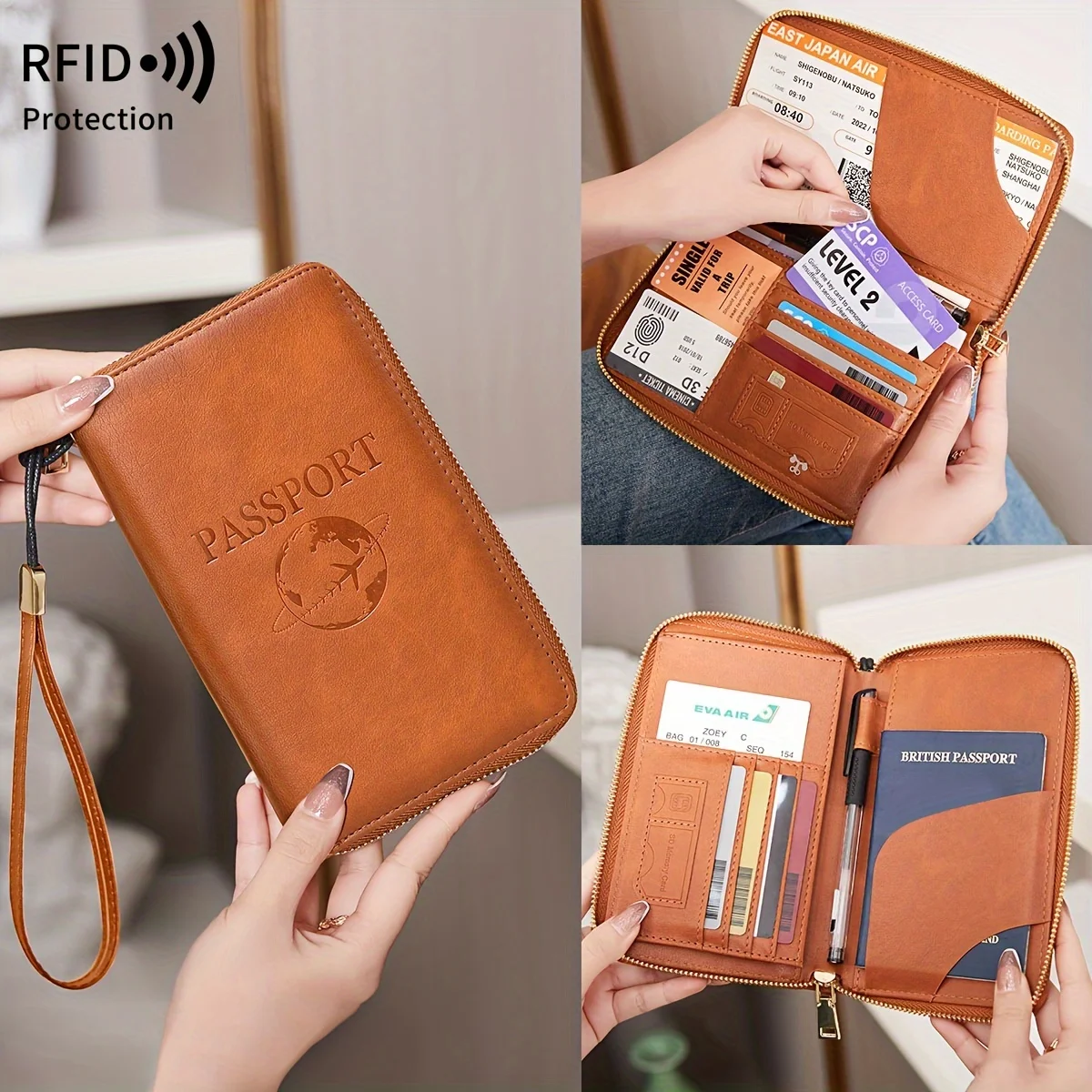 

Fashionable Solid Color Passport Holder with Wrist Strap - Airplane Patterned Ticket Clip & Card Wallet - Secure Zipper, Multipl