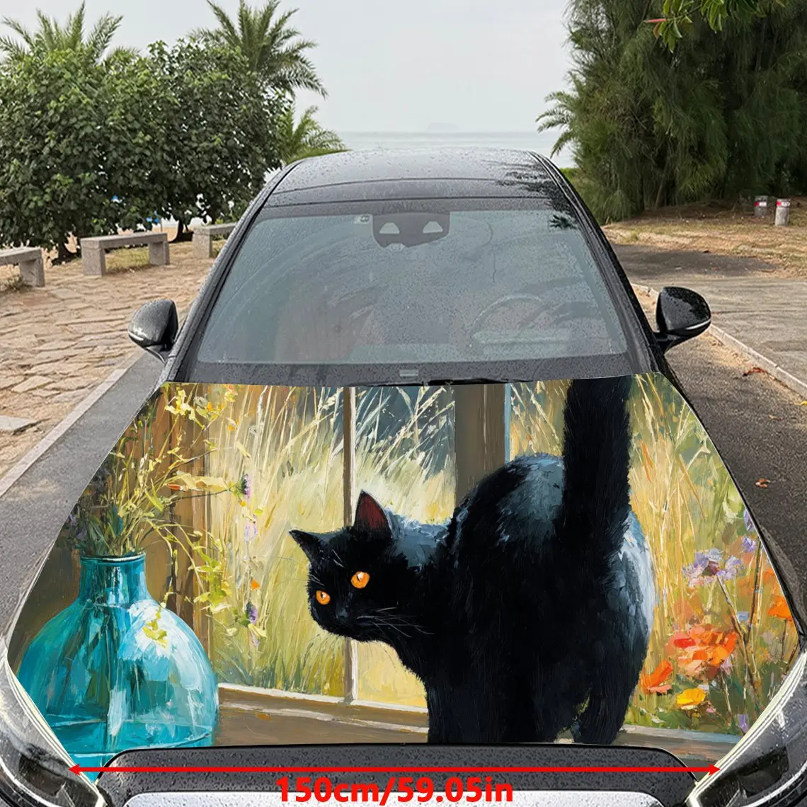 Alert Black Cat with Blue Vase Car Hood Stickers - Self-Adhesive, Waterproof and Durable Vinyl Wrap, Decorate And Protect Your C