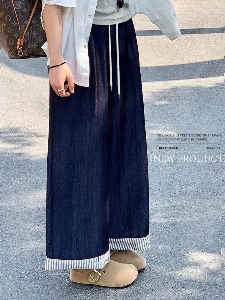 

Japanese Vintage Harajuku Patchwork Wide-leg Elastic High Waist Jeans Baggy Pants Summer Women Straight Trouser Casual Pants New