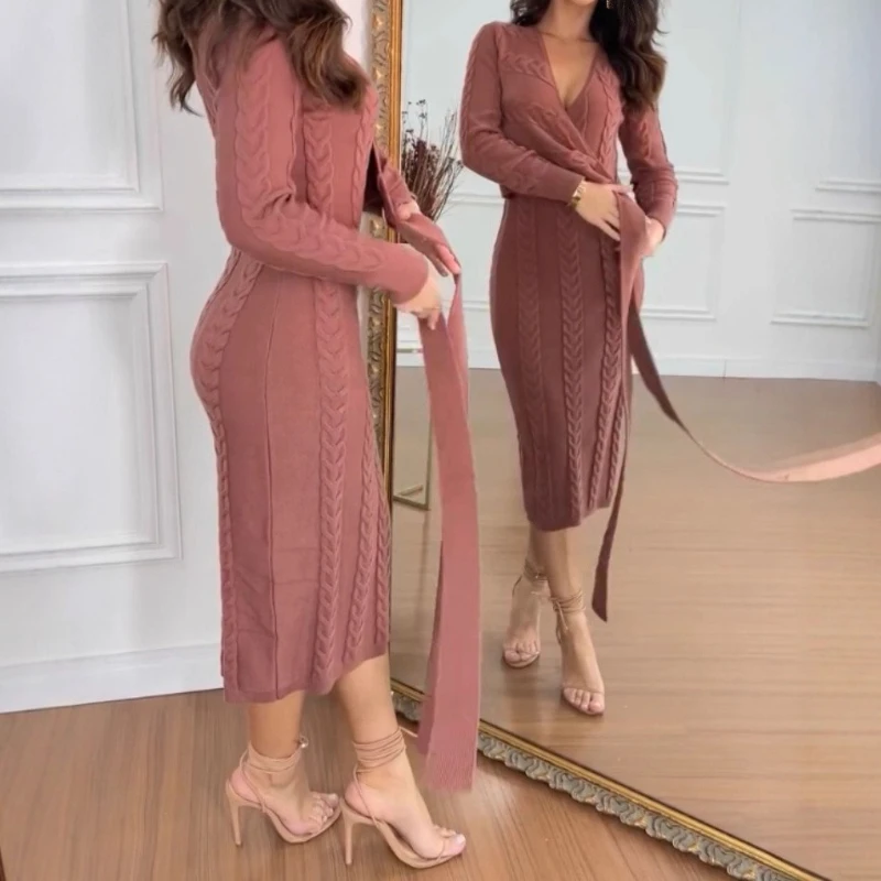 

Women's Dresses 2025 Autumn New Cable Textured Overlap Deep V-Neck Long Sleeve Mid-Length Dress Tie Waist Slim Fit Knit Dress