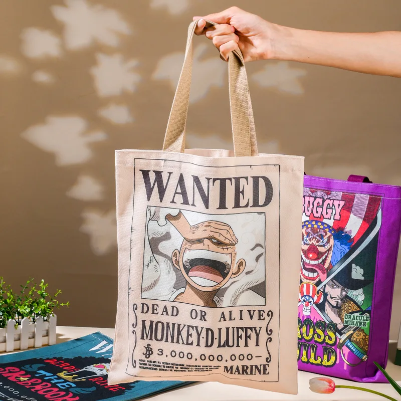 Anime One Piece Print Luffy Nika Zoro Roger Shanks Straw Hat Gang Wanted Poster Action Figures Canvas Bag Student Shopping Bag