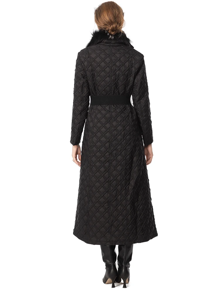 DLDENGHAN Women's Color Block Fur Collar Jacket Long Sleeve Lace-Up Double Breasted Geometric Pattern Winter Outerwear