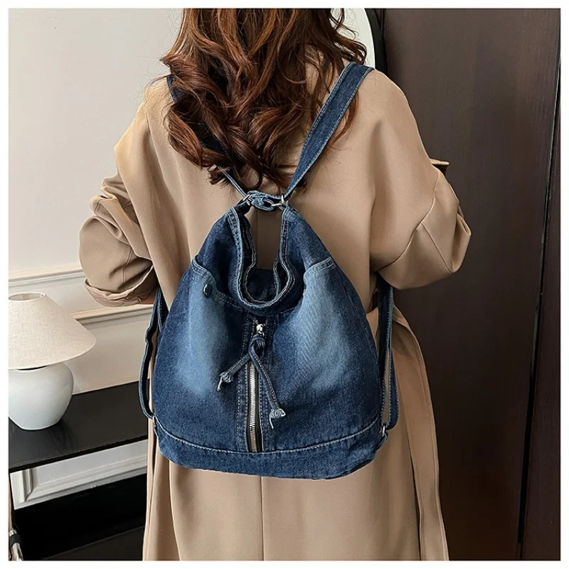 Women Washed Denim Hobo Bag Ruffle Pleated Shoulder Bag Casual Drawstring Sling Underarm Handbag