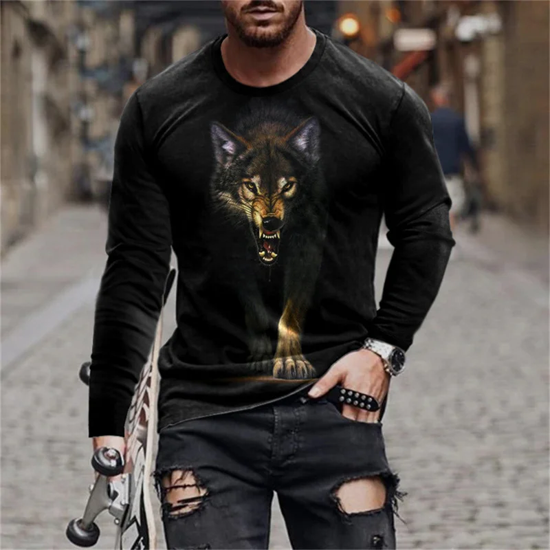 6XL Plus Size Men's Clothing Wolf Pattern Fashion T-Shirts Spring Autumn Long Sleeve Animal 3d Printed Street Hip Hop Male Tops