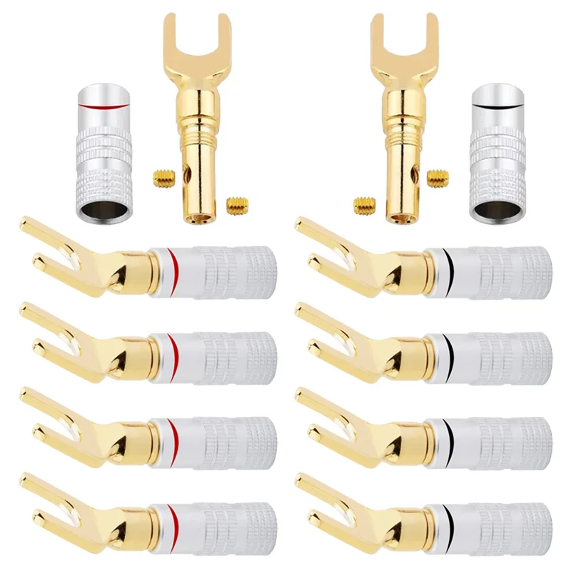 

4/8Pcs Y / U Type Gold Plate Banana Plugs Y-Shape U-Shape Screw Fork Spade Audio Speaker Banana Plug with Screw Lock