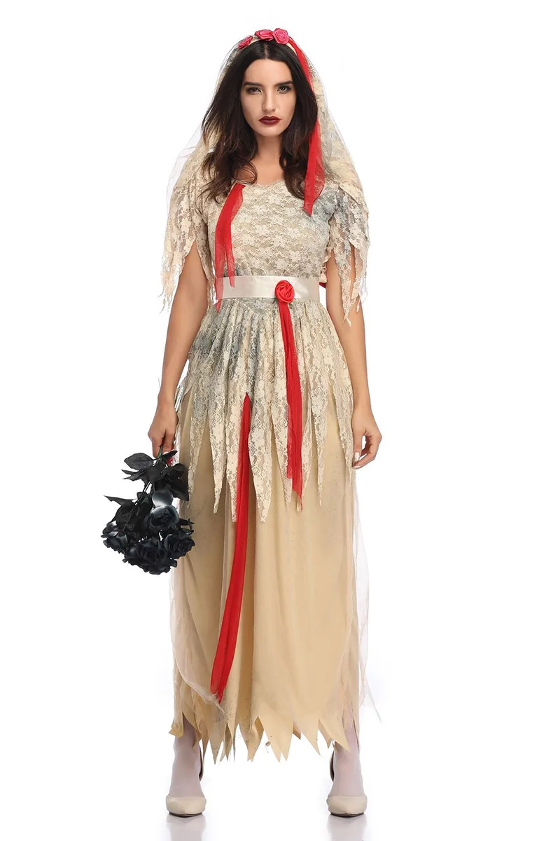 Fsia de Noiva Fsma de Terror de loween Tamanho ande Noiva Deus Morto Vestido de Renda Zumbi Fsia Étnica Femi...