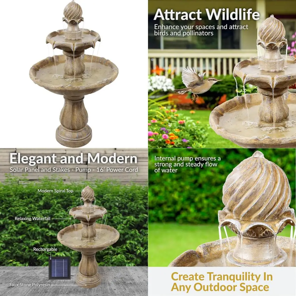 

Solar-Powered Dual-Level Outdoor Water Fountain with Battery Support and Pump, Inspired by Earth's Elements