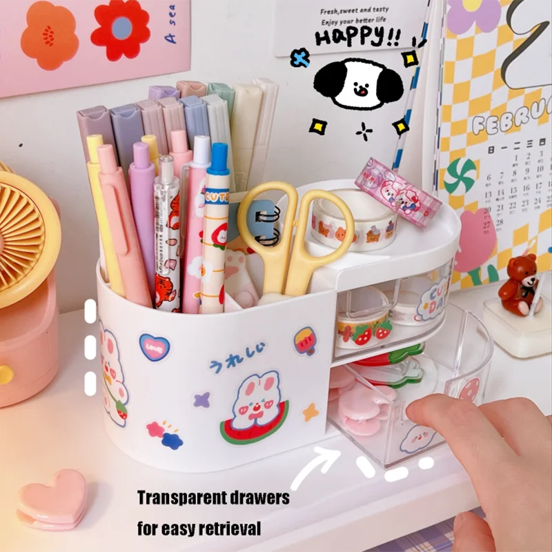 Kawaii Drawer Style Pen Holder Household Office Desk Miscellaneous Storage Rack Desktop Stationery Remote Control Storage Box