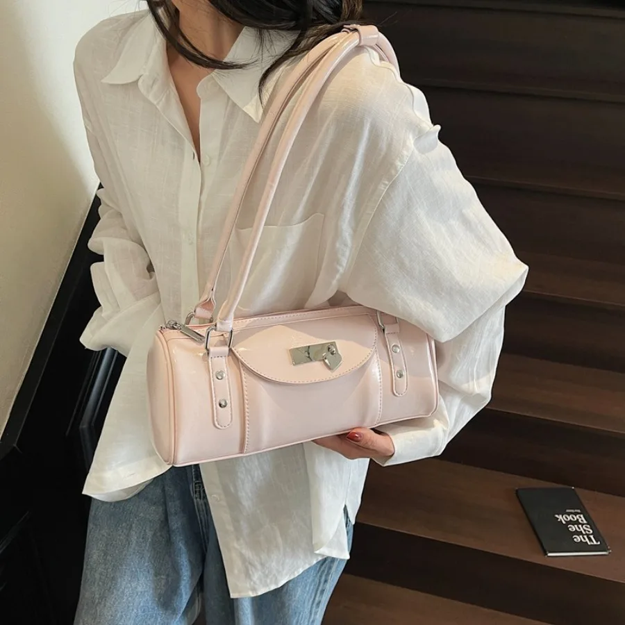 

New Fashionable Simple Versatile Round Barrel Bowling Bag Handbag Versatile Single Shoulder Women's Bag Niche Underarm Bags