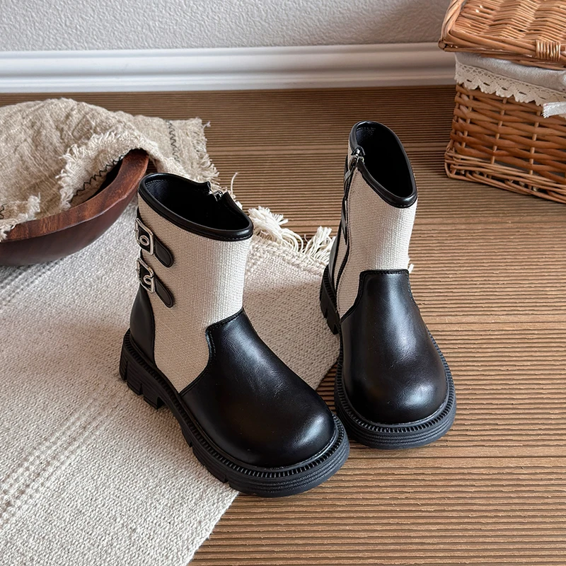 Children's Classic Buckle Leather Boots Girls Mid-Calf Booties Kids Soft Sole Retro Princess Boots Suitable for Autumn Winter